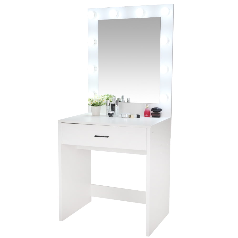 Kepooman Pattern Dressing Table, Large-Mirror Single-Drawer Vanity Table with Cold Light, White Kepooman Pattern Dressing Table, Large-Mirror Single-Drawer Vanity Table with Cold Light, White