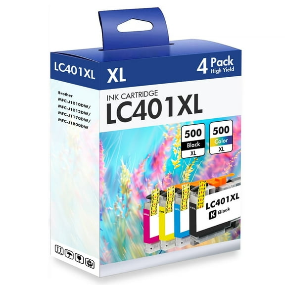 LC401 LC401XL MFC-J1010DW Ink Cartridges for Brother Printer LC 401 LC 401XL High Yields MFC-J1010DW MFC-J1170DW MFC-J1012DW MFC-J1800DW MFC J1010DW (4 Pack, Black Cyan Magenta Yellow)