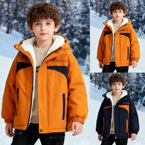 Lined Jacket Boys Thickened Padded Hooded Coat Casual Windproof Thermal Winter Cold Weather Warm Windbreaker