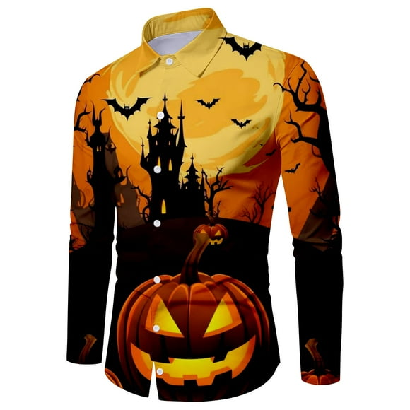 SNOWSONG Clearance! Halloween Shirts for Men, Button Down Shirt Men's Fashion Casual Halloween Printed Long Sleeve Shirt Slim Lapel Shirt, Long Sleeve Shirts, Graphic Shirt Orange 4XL