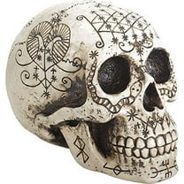 Ebros Ancient Voodoo Skull Symbols Tattoo Natural Bone Finish Decorative Figurine 8.5"L