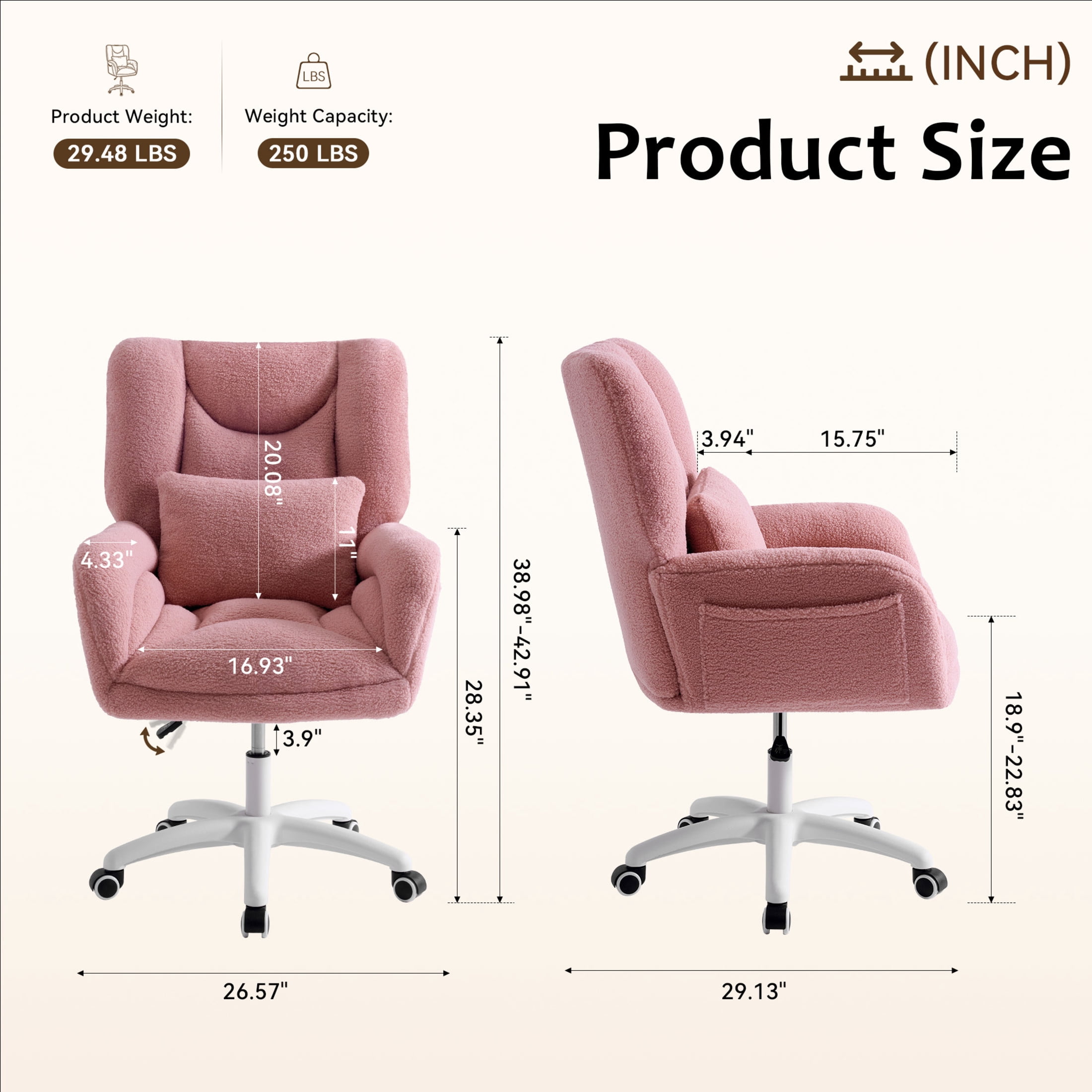 Noble House Sheila Teddy Fabric Swivel Office Chair, High Back Desk Chair with Lumbar Pillow & Storage Pockets, Pink