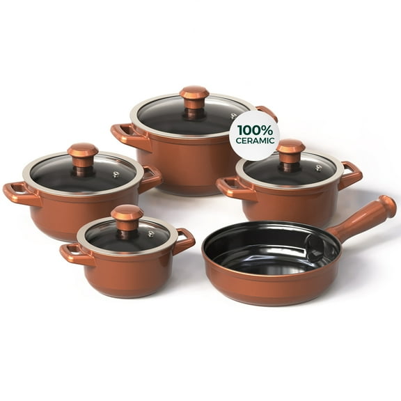 9 Piece Cookware Set Shiny Caramel with Glass Lid - Non-toxic Cookware, Casserole and Frying Pan Set for Healthy Cooking, Dishwasher Safe