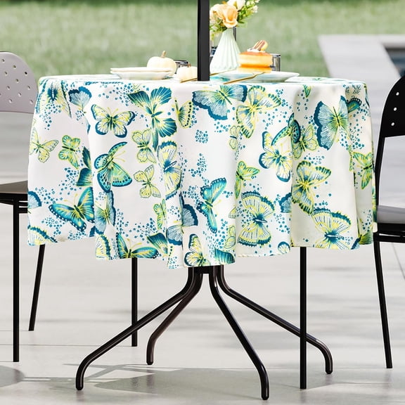Outdoor Tablecloth with Umbrella Hole and Zipper, Spring/Summer Waterproof Table Cover for Picnic/BBQ/Garden(60" Round,Green Butterfly)