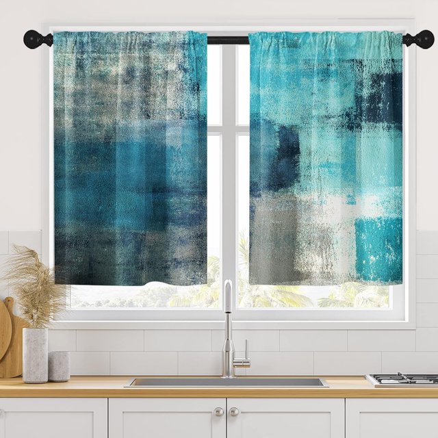 Teal Kitchen Curtains 36 Inch Length Turquoise Window Curtains Over Sink Set of 2, Abstract Grey White Painting Art Short Tier Curtain for Kitchen, Modern Small Kitchen Decor 26x36 Inch