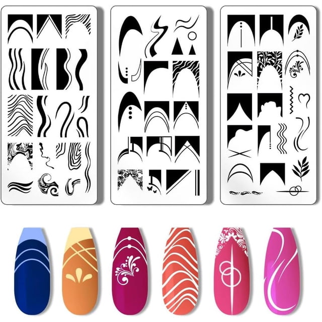 Juego de 3 placas para estampar uñas con diseño francés: ondas y rayas, y placas de acero inoxidable para manicura de salón.