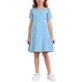 thumbnail image 5 of Busydd Dresses for Teens 5-15 Years Casual Summer Solid Color off Shoulder T Shirt Dress Trendy Round Neck Short Sleeve Girl Dresses with Pockets 9-10 Years, 5 of 7