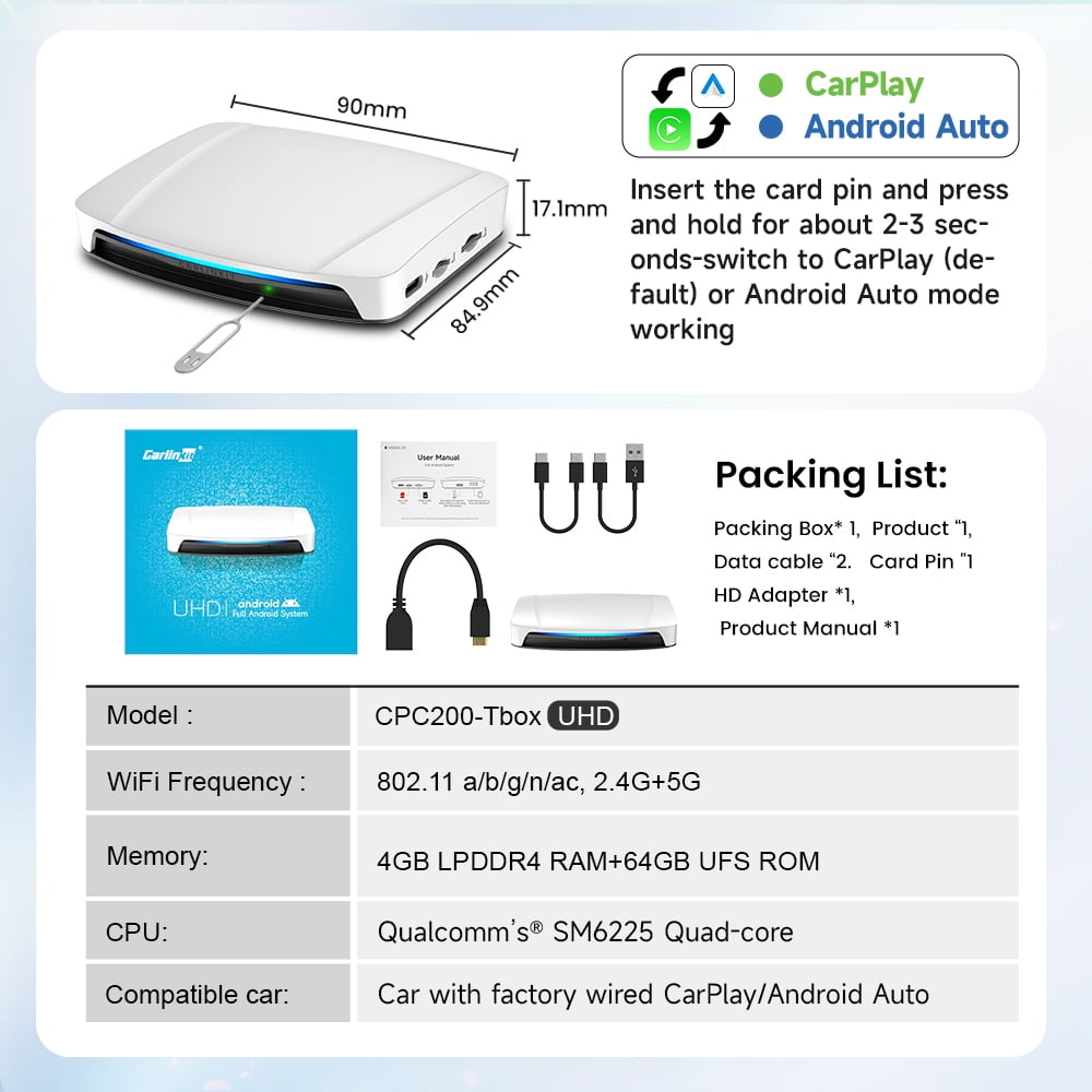 CarlinKit Tbox UHD, 4-in-1 Android 13 CarPlay AI TV Box, Wireless