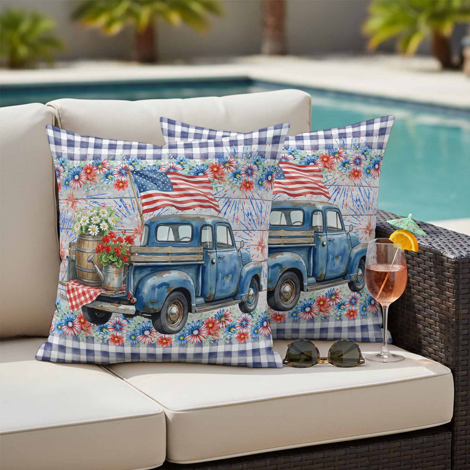 Independence Day Pillow Covers 2 Pack U. S. Flag Retro Truck Flowers Blue Plaid Pillowcase Waterproof Outdoor Throw Pillow Cover for Patio Garden Square Cushion 16”x16”