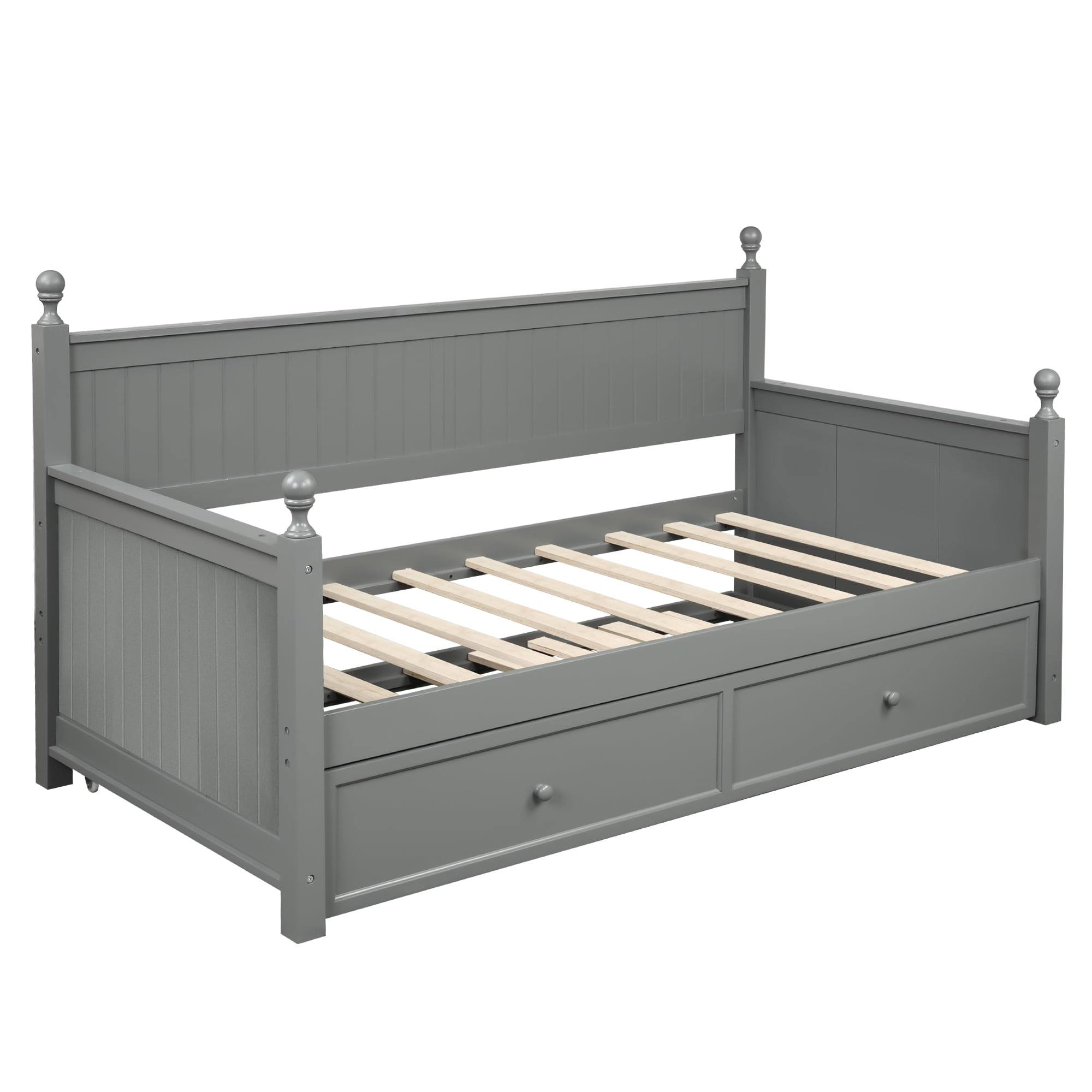 Daybed with Twin Size Trundle, Wood Bed with Bottom Storage Drawer