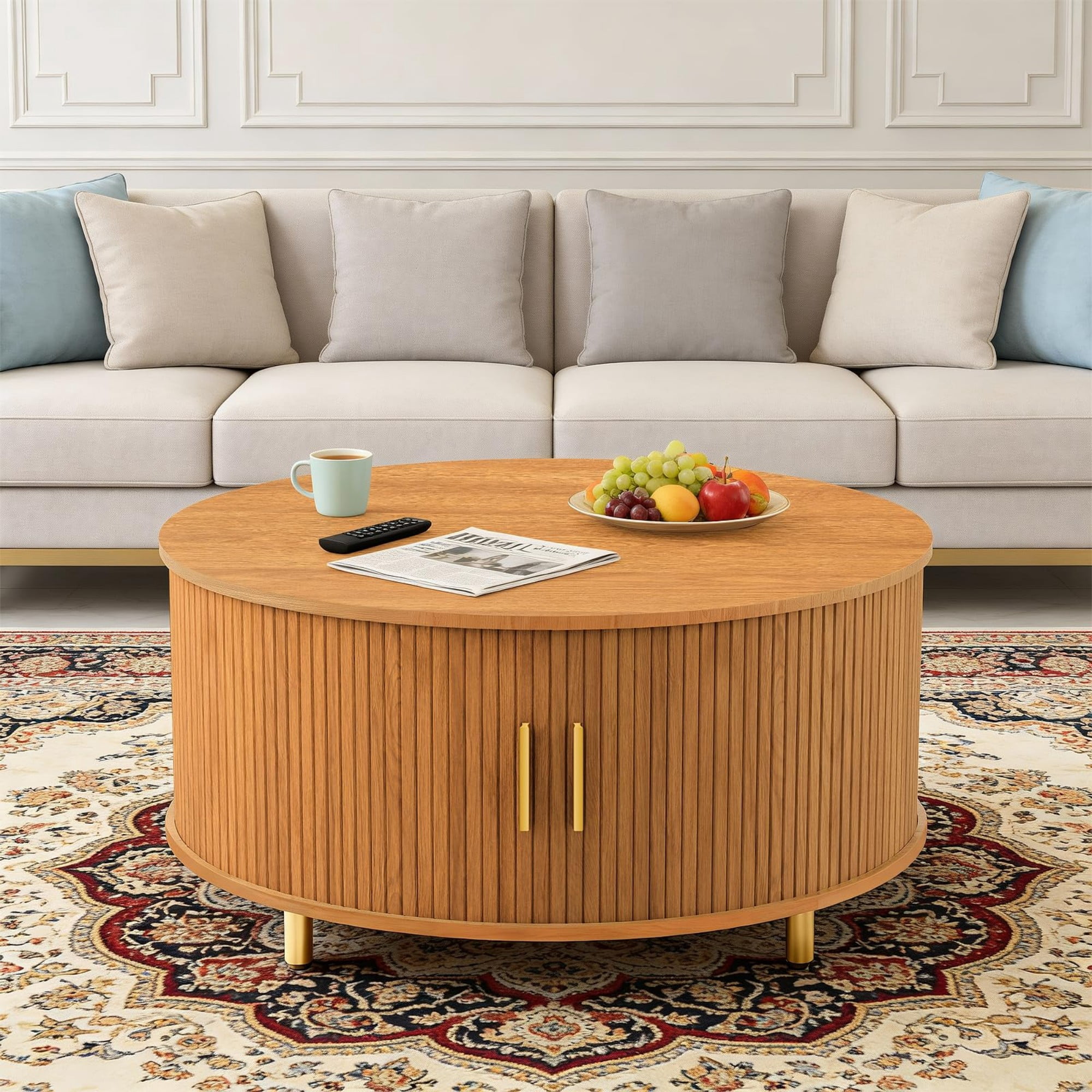 31.5" Round Coffee Table, Mid Century Modern Fluted Coffee Table with 360° Sliding Tambour Door & Storage, Yellow