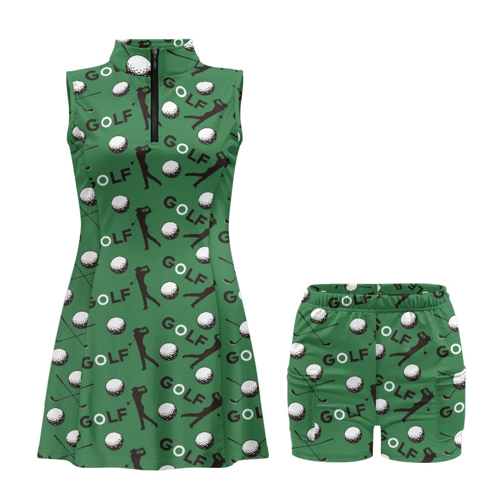 COEQINE GOLF Ball and Club Dark Green Print Women's Golf Dress Sleeveless V-Neck Exercise Dresses with Built in Shorts and Pockets Soft Quick Dry Workout Outfits with 2 Piece Set, L