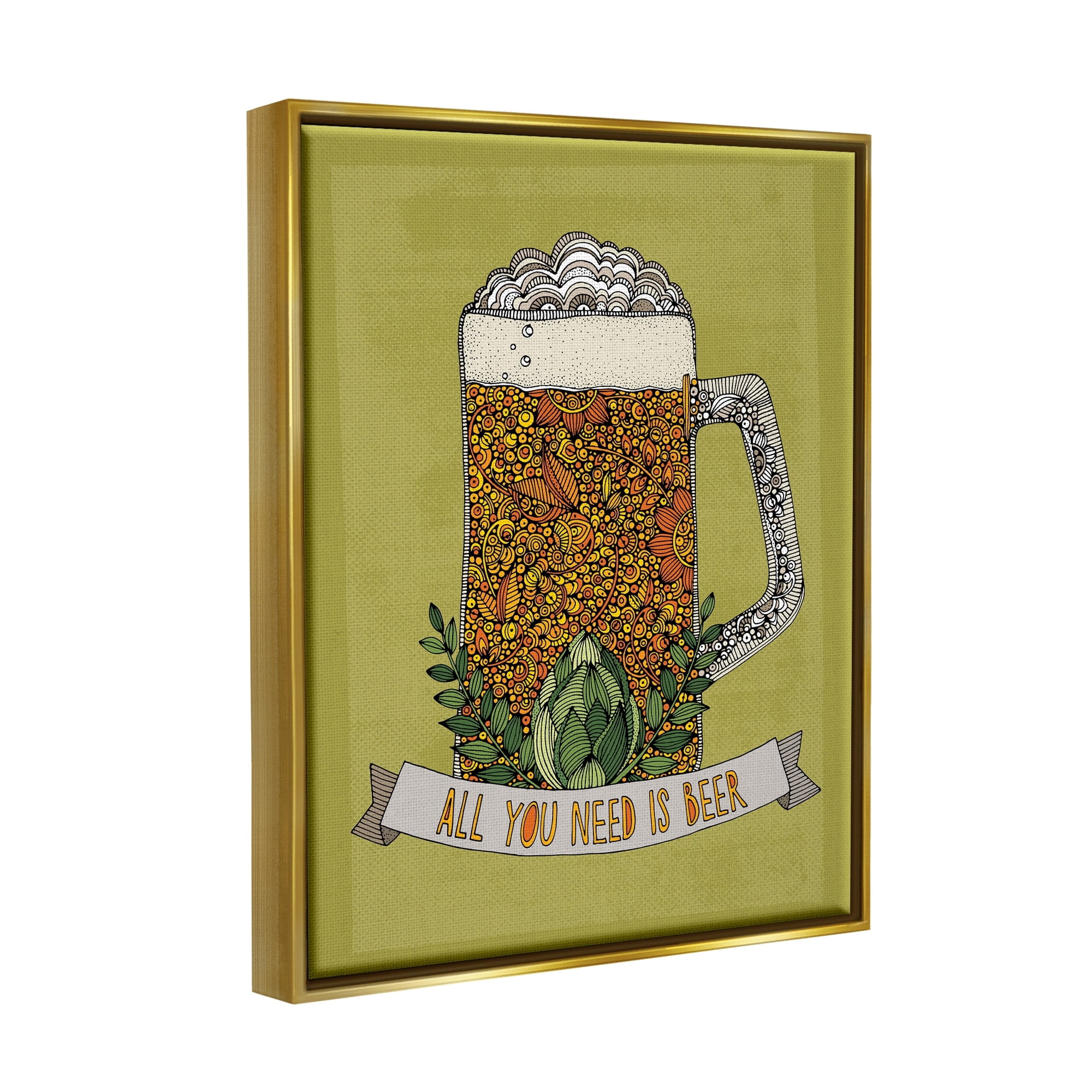 Stupell Industries All You Need Is Beer Floral Pattern Stein Mug Graphic Art Metallic Gold Floating Framed Canvas Print Wall Art, Design by Valentina Harper