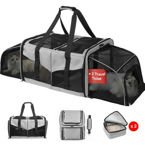 LitaiL Cat Carrier for 2 Cats, 2-in-1 Double Pet Carrier with 2 Litter Boxes, Portable Soft Sided Dog Carrier for Traveling, Gray