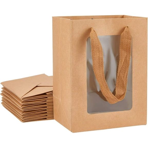 10 Packs BurlyWood Kraft Paper Bag with Clear Window 8x6x4 Gift Bags with Handle for Valentine's Day Proposal Candy Gift Packing Brown