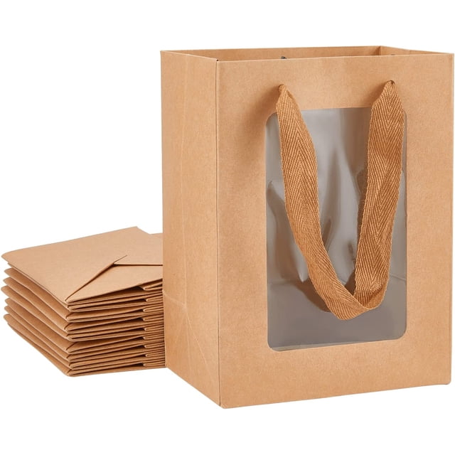 10 Paquetes de Bolsas de Papel con Ventana - Bolsas de Regalo Kraft de 20x15x10cm con Ventana Transparente para Envolver Regalos de Dulces de Navidad y Halloween