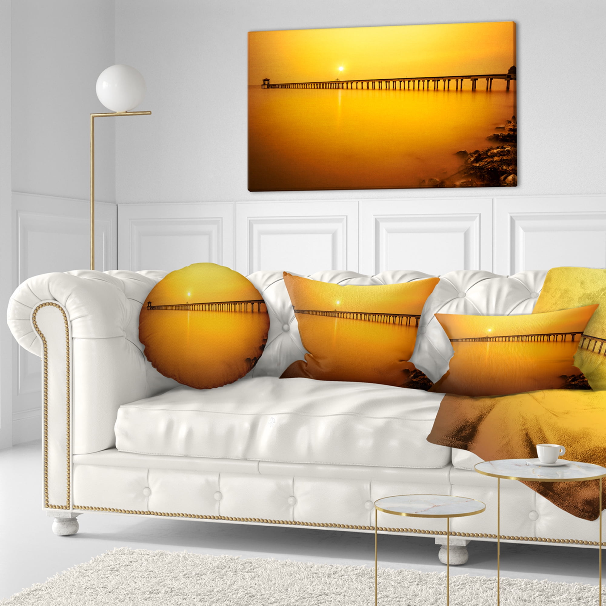 Designart Yellow Tinged Seashore and Long Pier - Pier Seascape Throw Pillow - 12x20