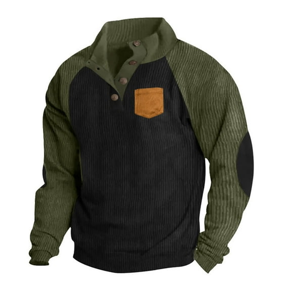 BADHUB Men's Corduroy Sweatshirts Pullover Casual Long Sleeve Stand Collar Pullover Top 1/4 Button Elbow Patch Retro Sweatshirts Holiday Deals S-3XL