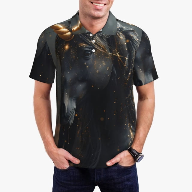 Fotbe Black And Gold White Horse Camiseta Polo de Golf para Hombre con Estampado – Camisa Deportiva Transpirable con Cuello Abotonado-Medium