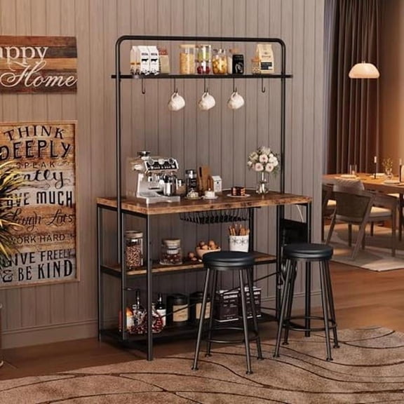 Multifunctional Industrial Kitchen Island Table with 2 Bar Stools