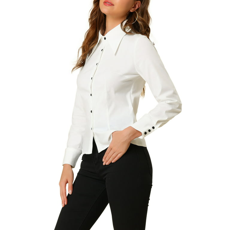 Allegra K Women's Point Collar Long Sleeve Button Shirt