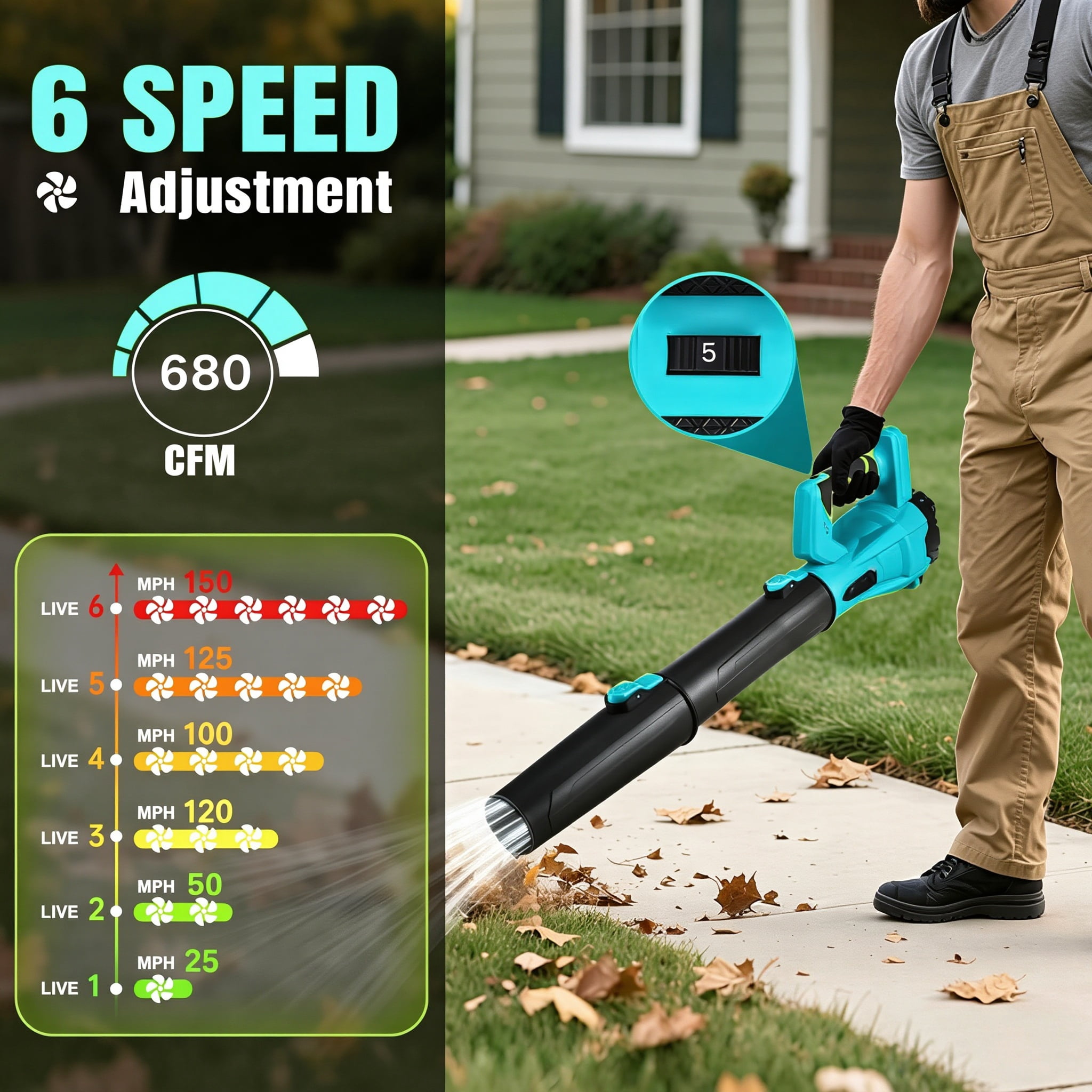 LNOW Cordless Leaf Blower, 680CFM 150MPH 6 Speed Electric Leaf Blower with 2×3.0Ah Batteries, Light Duty Leaf Blower for Blowing Leaves, Car Drying,  Yard/Patio/Garden Cleaning, Lawn Care and Dust
