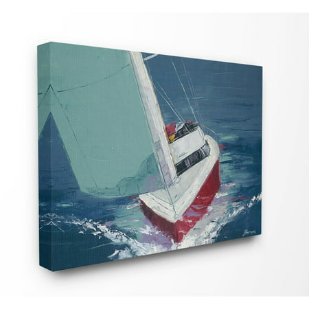 The Stupell Home Decor Collection Red White and Blue Sailboat Cruising the Ocean Painting Stretched Canvas Wall Art, 16 x 1.5 x