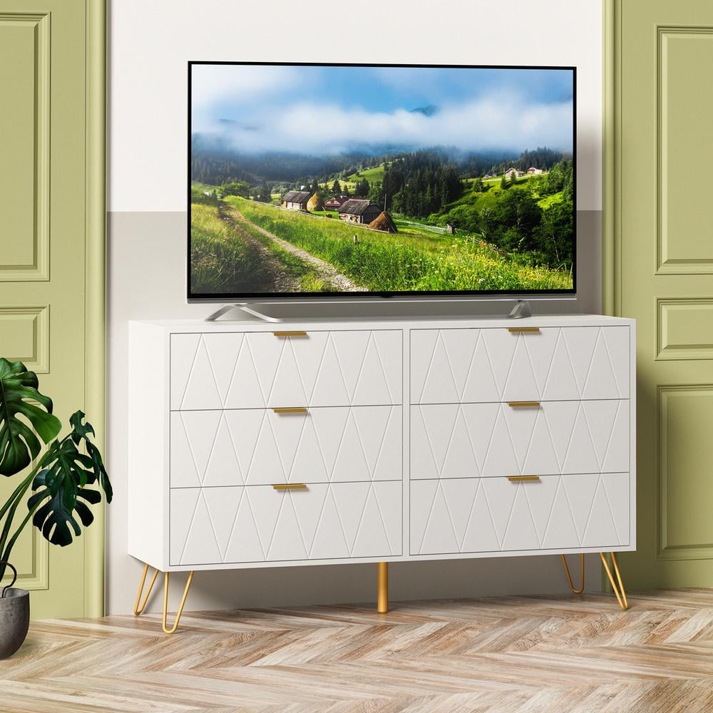 Eclife 48" Large 6-Drawer Double Dressers Chest for Bedroom Wood Top Metal Handles for Living Room Home