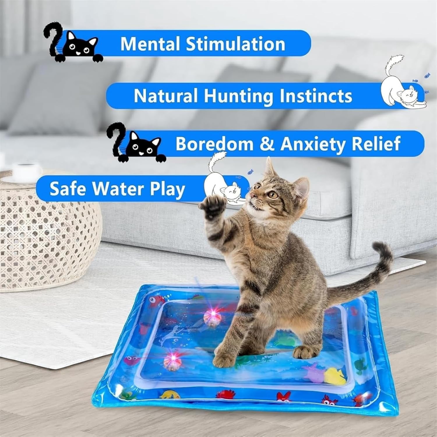 Glow Pad for Cats - 24in Light-Up Water Play Mat with LED Fish Toys, Spill-Resistant Thickened PVC Base for Floor/Tile Floors