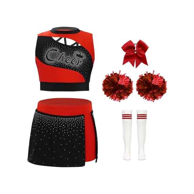 Runhomal Ensemble d'Uniforme de Cheerleading pour Filles Enfants Tenues de Danse Débardeurs Brillants Jupe Ensemble Robe de Soirée pour Fête Anniversaire Rouge 14