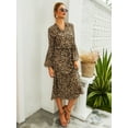 thumbnail image 3 of Women's Leopard Print Half Placket Long Lantern Sleeves Drawstring Tie Waist Midi Dress, Khaki, Large, 3 of 5