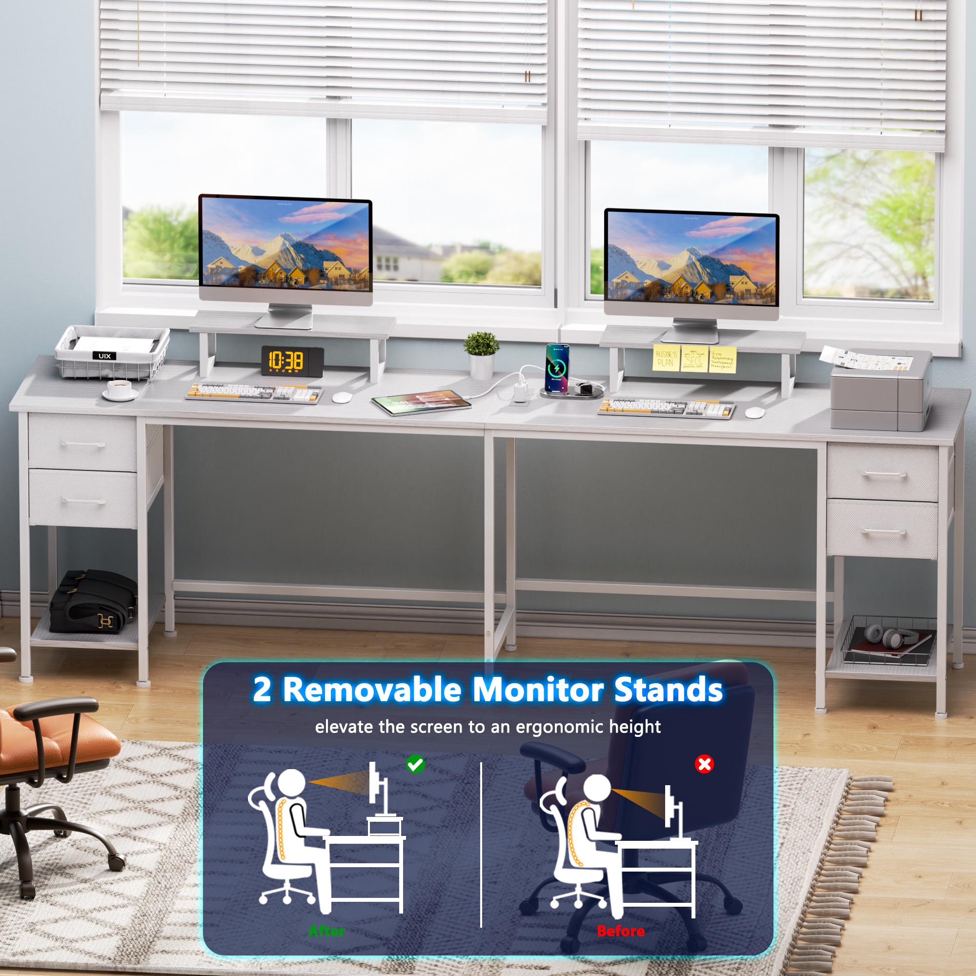Satifur 66" L-Shaped Desk with Power Outlets, 4 Fabric Drawers & 2 Monitor Stands, Convertible Two Person Home Office Desk,White