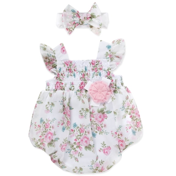 Baby Essentials 3 Months Infant Girls Romper with Matching Headband 100% Polyester Spring Summer Outfit in Pink Floral