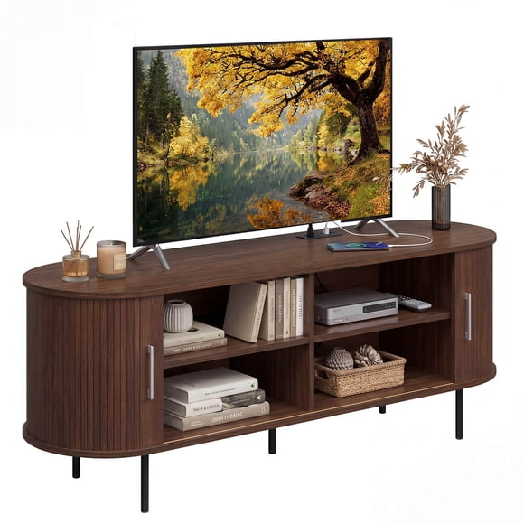 Costway Meuble Télé Cannelé pour Téléviseurs jusqu'à 60”, Centre de Divertissement Courbé Style Mi-Siècle Noyer