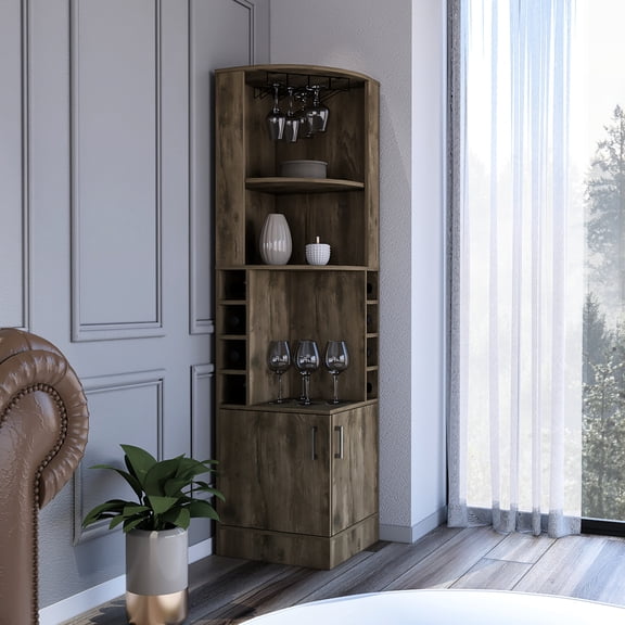 Dark Brown Corner Storage / Double - door Cabinet with 8 Bottle Spaces and Shelves