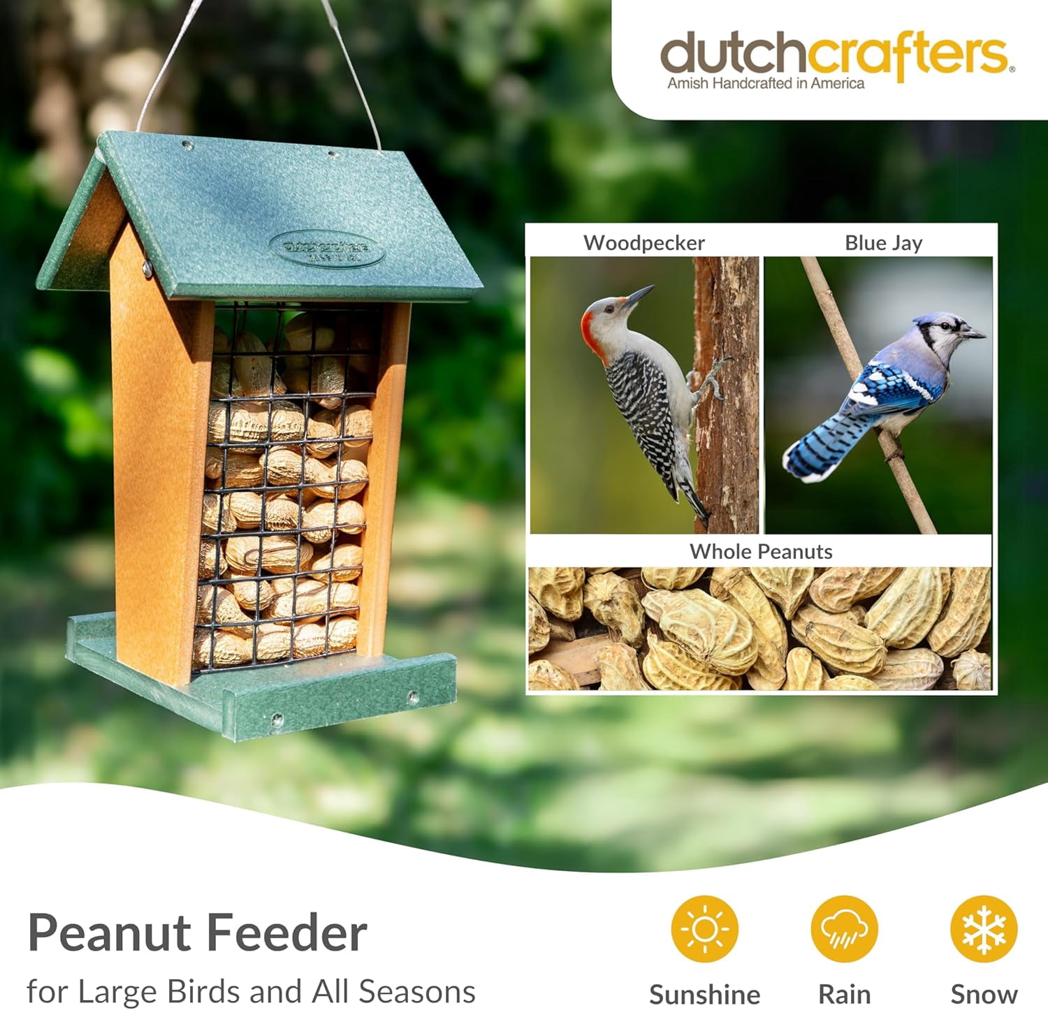 DutchCrafters Plastic Poly Hanging Whole Peanut Bird Feeder for Large Birds, Woodpeckers, Blue Jays for Outdoor, Garden, Yard - USA Amish Made (Black & Weatherwood)