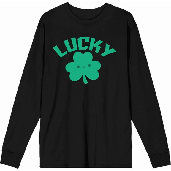 St. Patrick's Lucky Clover Black Adult Crew Neck Long Sleeve Tee-XL
