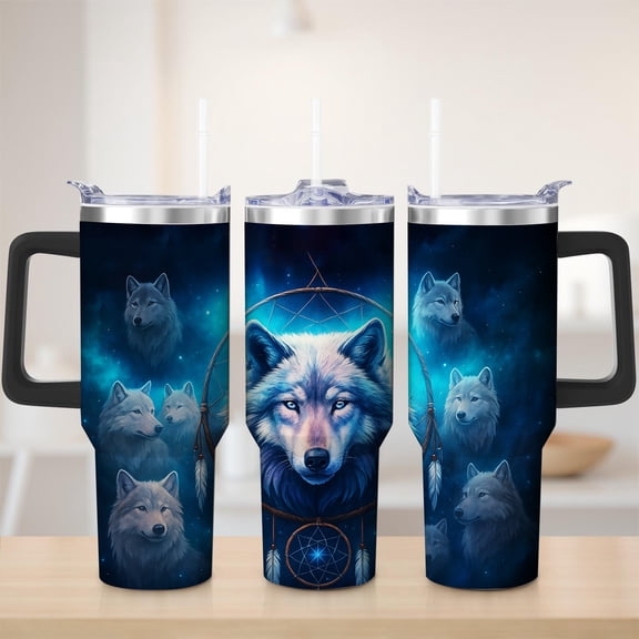 Wolf Dreamcatcher Stainless Steel Insulated Mug with Lid and Handle, 30oz