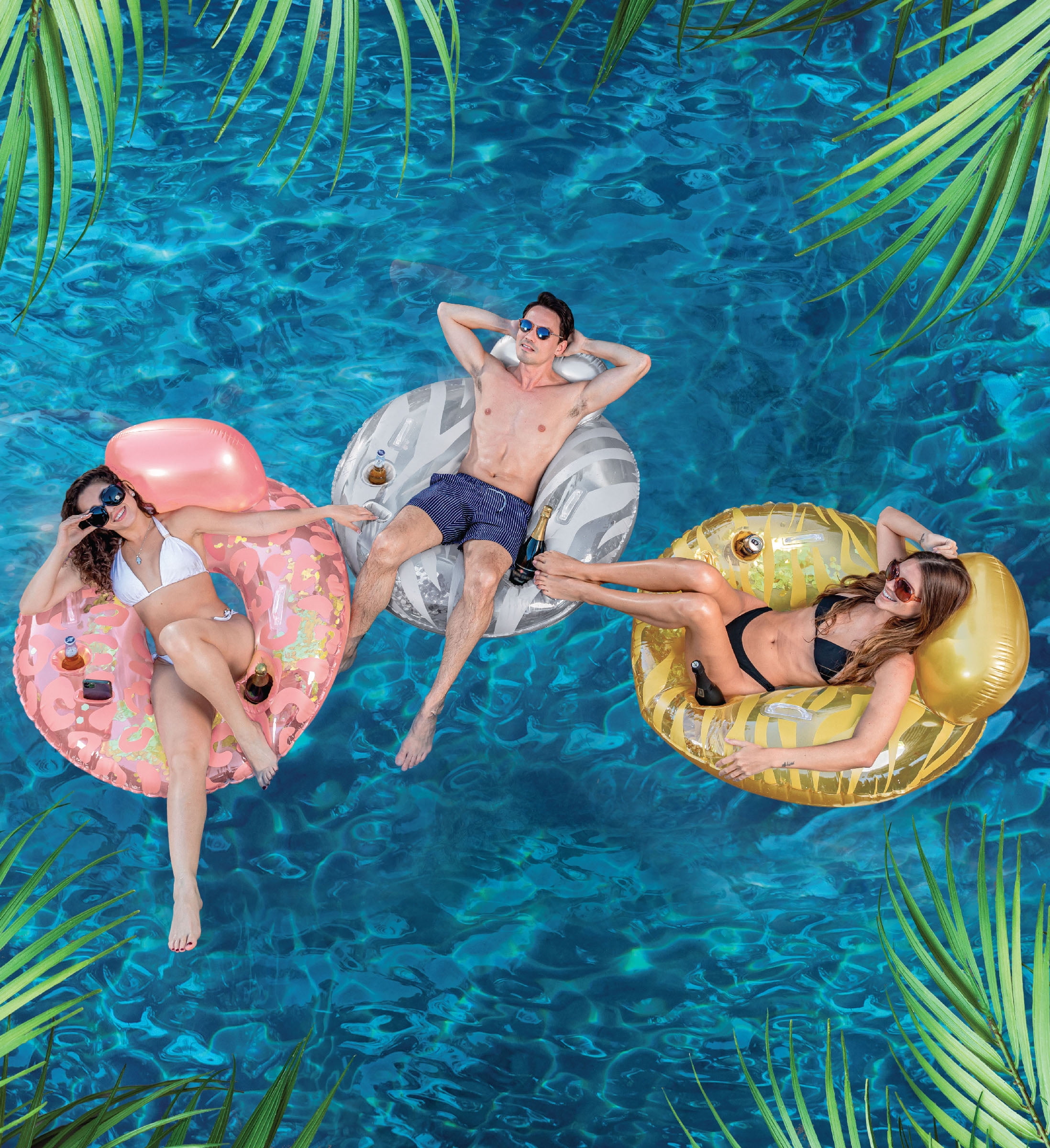 POZA Silver Inflatable Luxury Tube with Back Rest - Big Luxurious Lounger Pool Float Tube Filled with Sparkle Confetti, Built in Phone Holder, Cup Holders, and Handles, Premium Thick Ring - 42 Inches