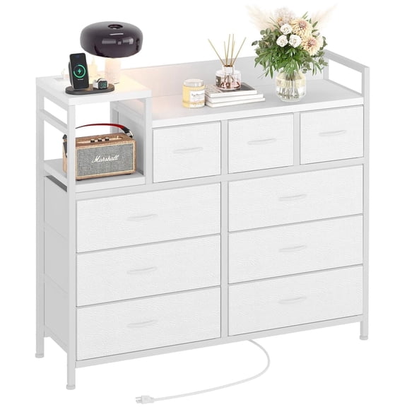 9-Drawers Dresser with Power Outlets, Metal Frame and Fabric Drawers for Bedroom, Wood Top Cabinet for Closet, Nursery, White