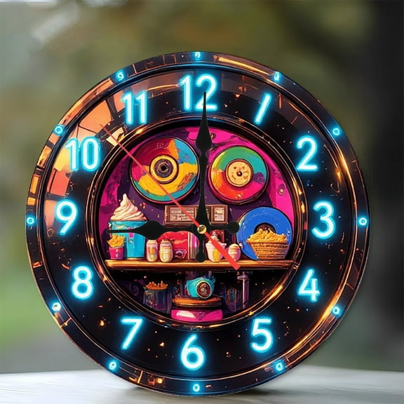 Neon Clock Retro Diner Wall Clock 10-Inch Silent Wooden Wall Clock, Battery Operated (AA Batteries Not Included), Artistic Home Decor