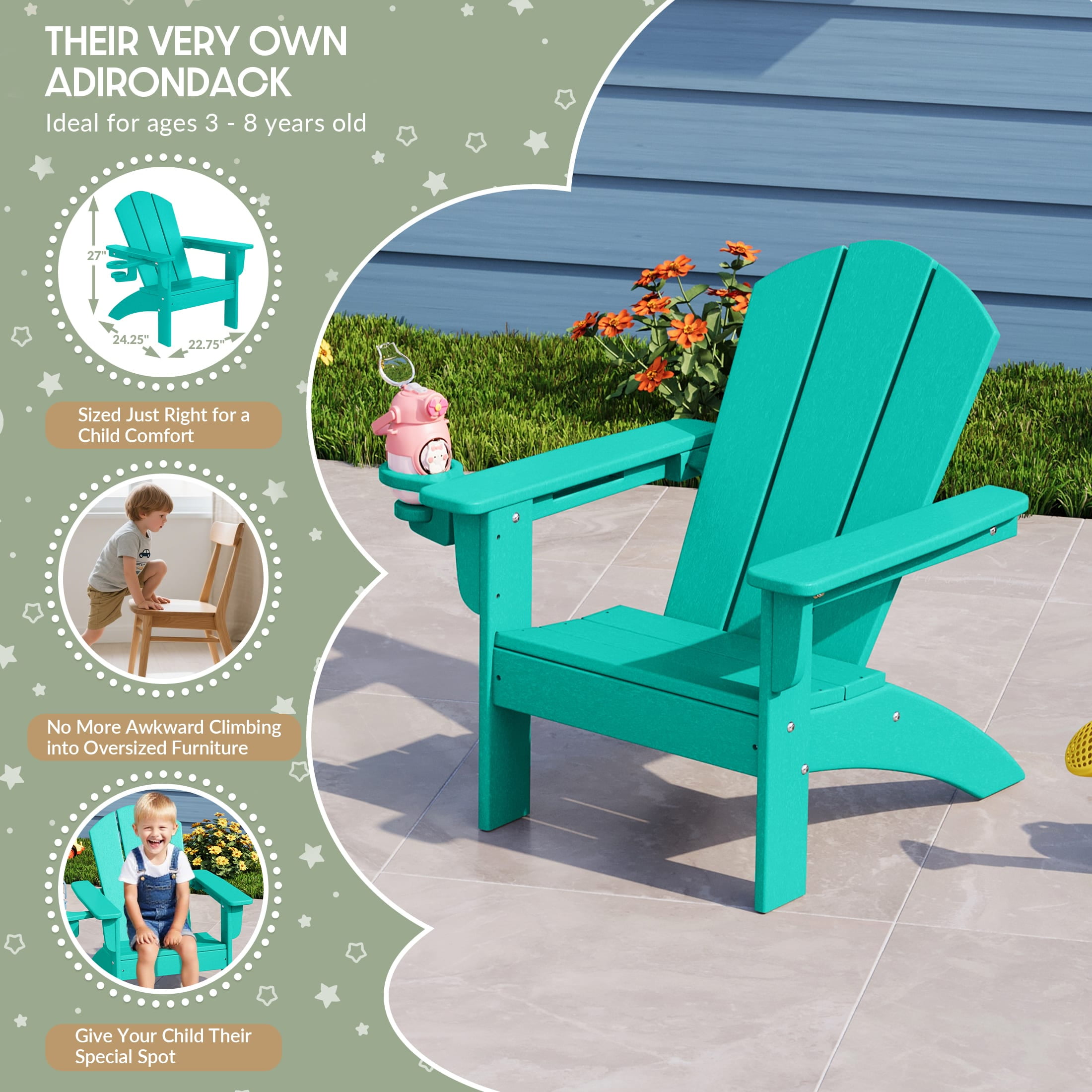 WestinTrends Malibu 3-Piece Kids HDPE Adirondack Chairs Set with Square Side Table and Cup Holders, Turquoise