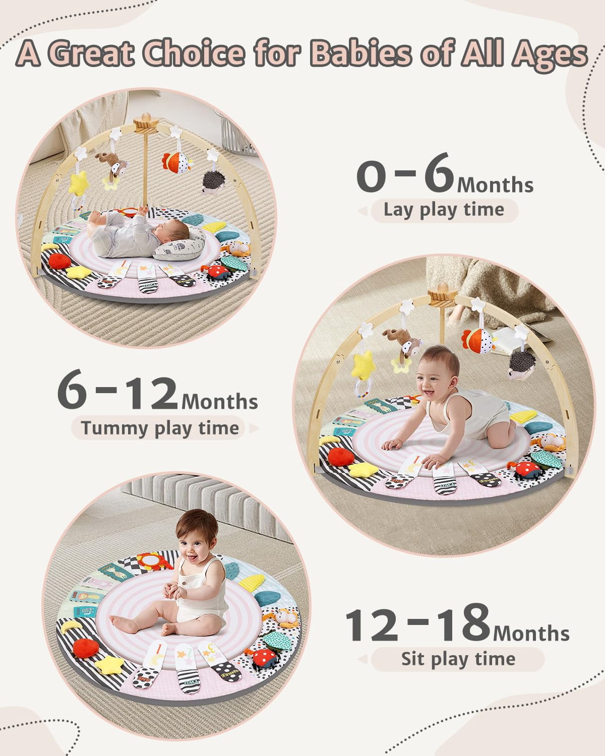 PRVAETU Wooden Baby Gym Play Mat, Foldable Tummy Time Playmat W/ 7 Detachable Toys for Infant Newborn Toddler Motor Skills Sensory Development,Pink