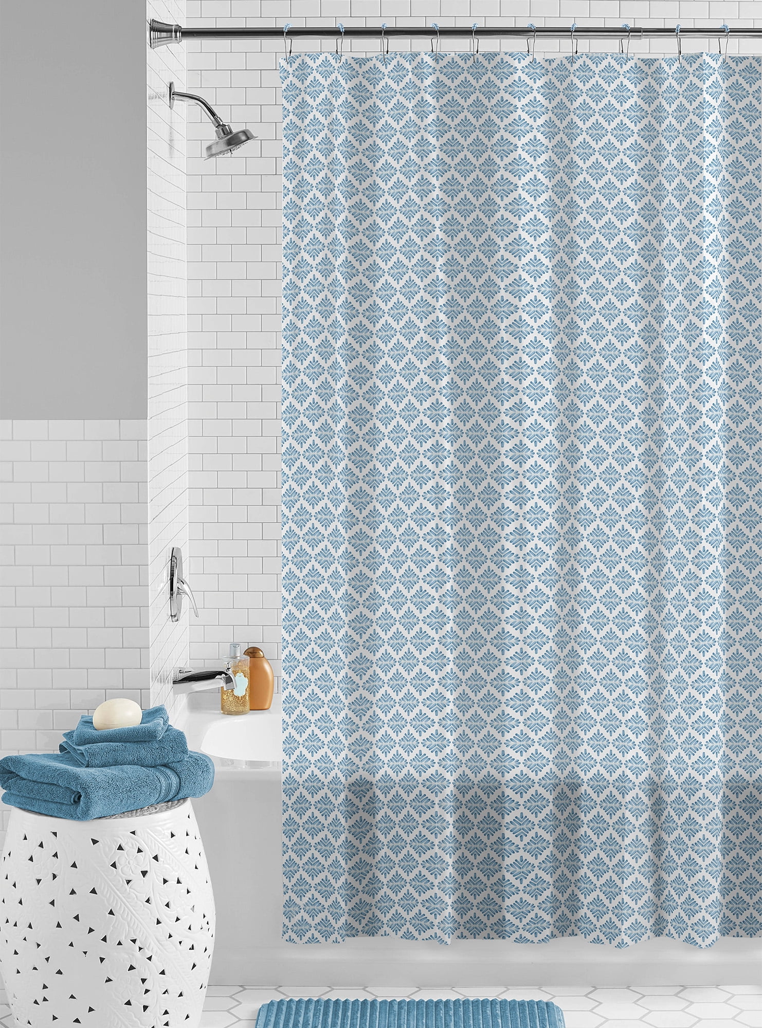 (4 pack) Mainstays Waterproof Medallion Blue 30% Recycled PEVA Shower Curtain Set with Hooks, 13-Piece, Blue