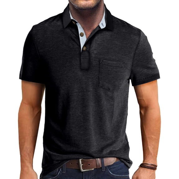 Zimjoy Men's Polo Shirts 3 Button Henley Collared Short Sleeve Shirts Soft Cotton Lightweight Casual Tops with Pocket, Black L