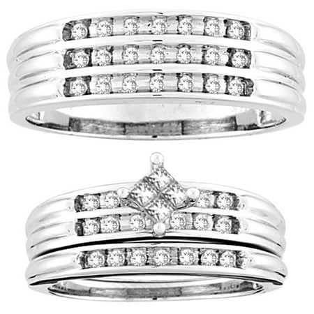 14K White Gold 0.45cttw Princess Round Diamond Trio His and Hers Bridal Ring Set