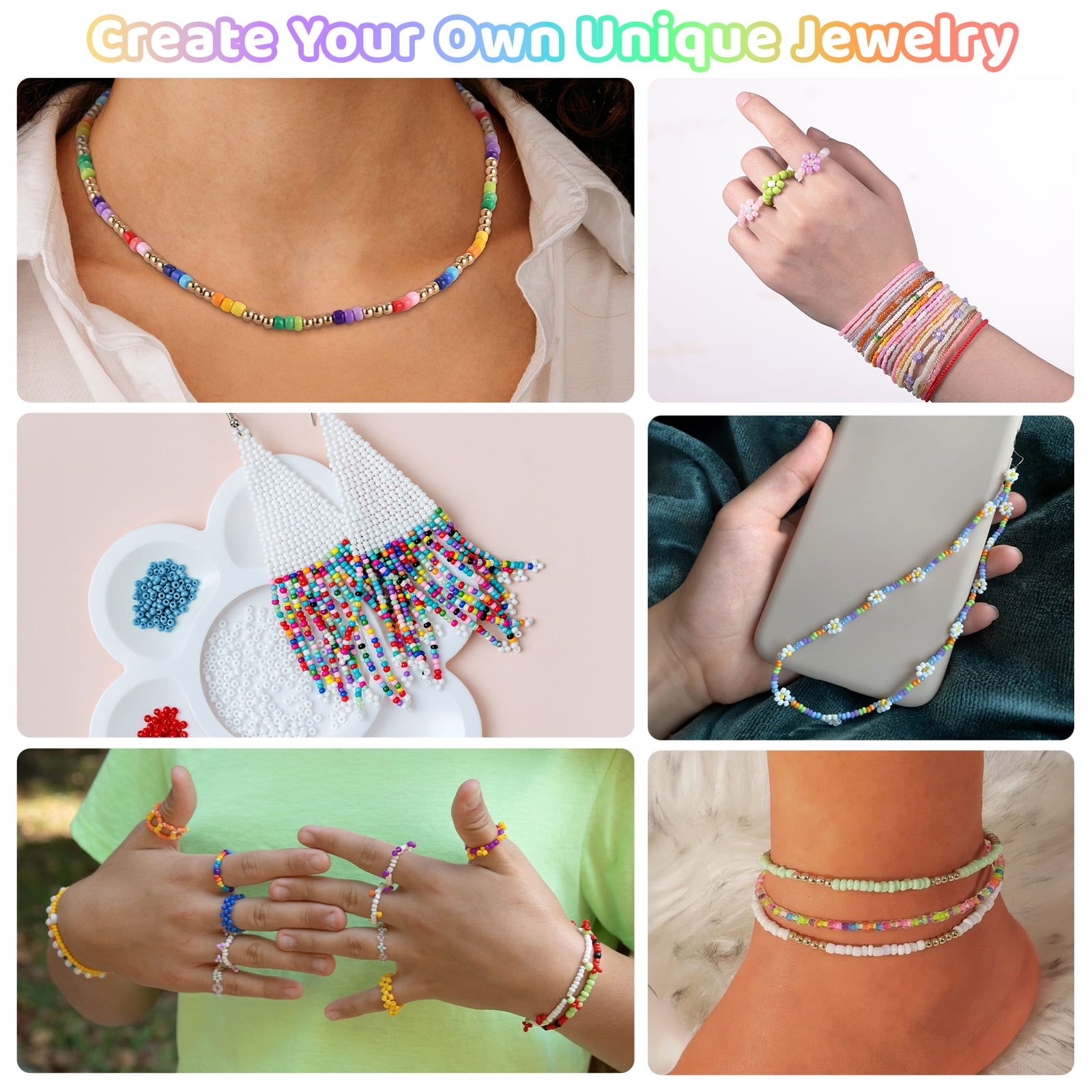 Funtopia Friendship Bracelet Making Kit, 120 Colors 61000 Pcs Tiny Beads for Necklace, Glass Seed Beads for Jewelry Making with Alphabet Letter Beads & Smiley Face Beads for DIY, Art and Craft, 2mm