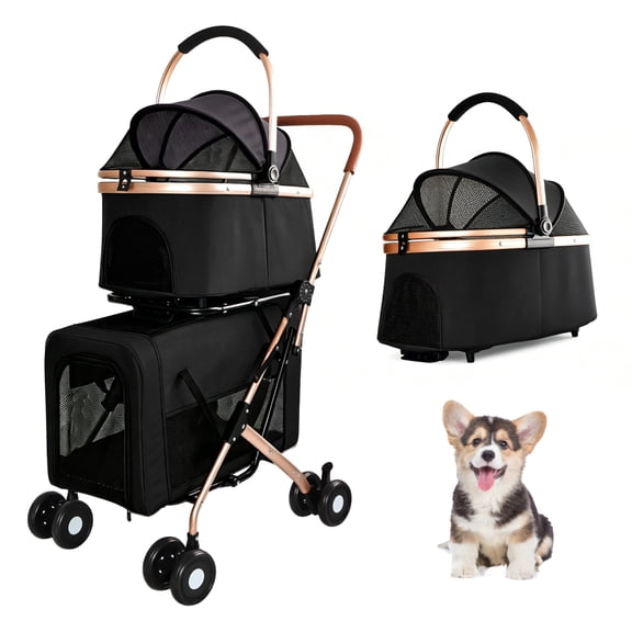 Double Pet Stroller for Dogs and Cats, 3-in-1 Foldable Pet Stroller with 2 Detachable Carriers, Shockproof Wheels & Brake, for Small/Medium Pets, Black