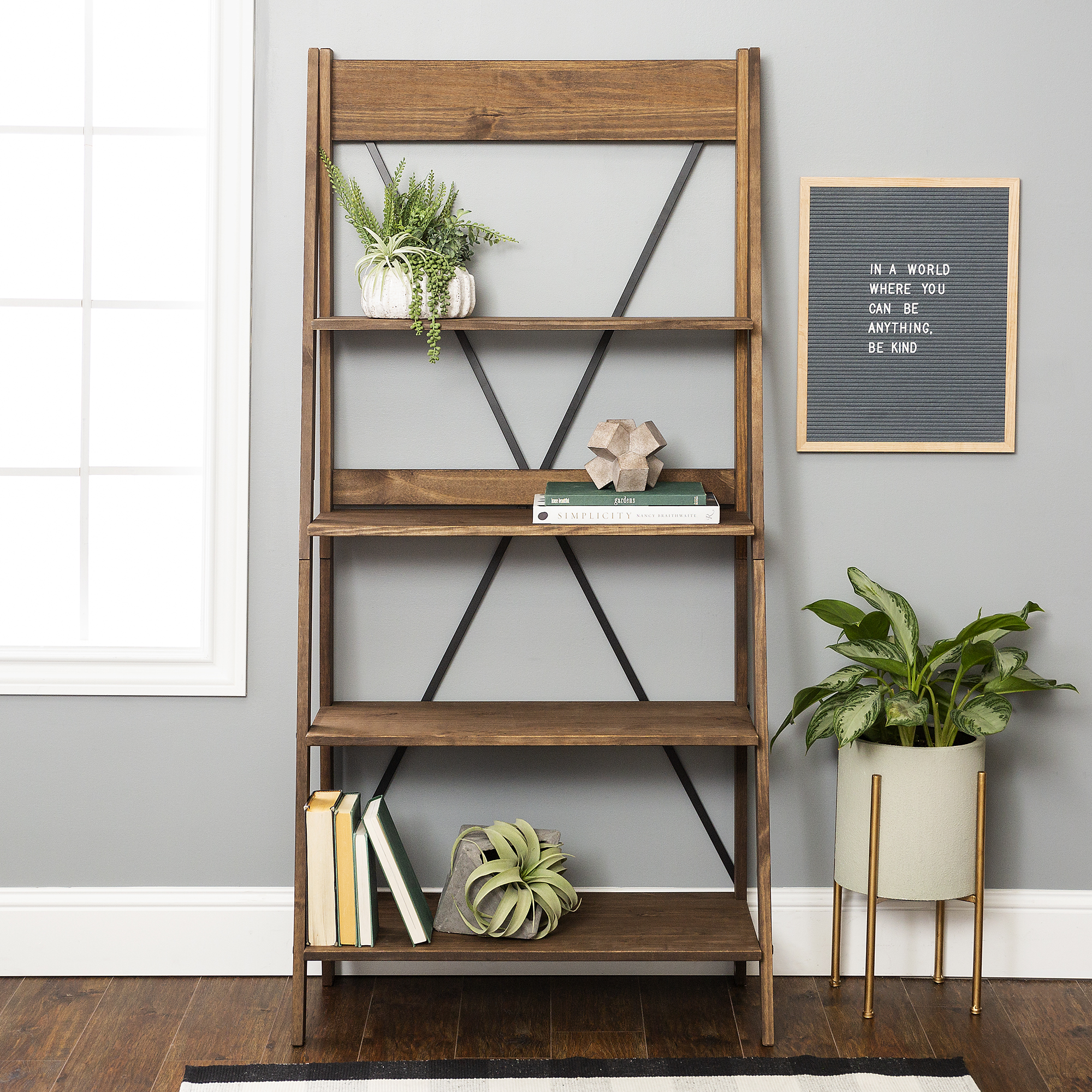 Walker Edison Solid Wood 4-Shelf Ladder Bookshelf, Brown - image 3 of 16