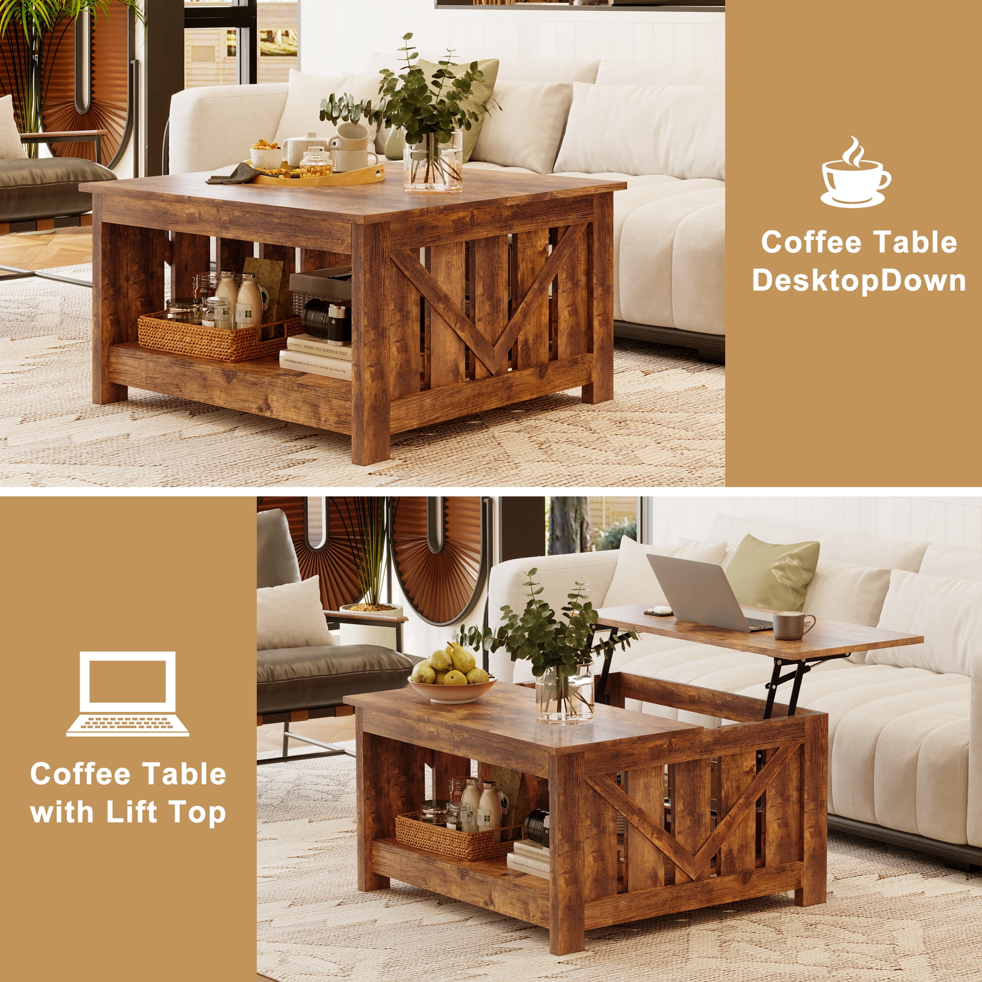 GUNAITO Lift Top Coffee Table with Storage Cabinet and 2 Compartments for Living Room, brown, 31.5''Hx31.5''W in